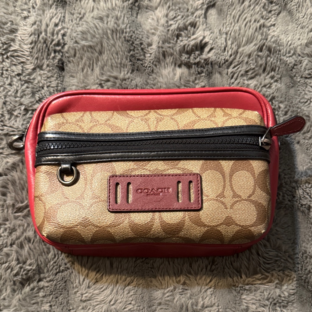 Coach Tan Signature Canvas Cosmetic Pouch With Red Trim